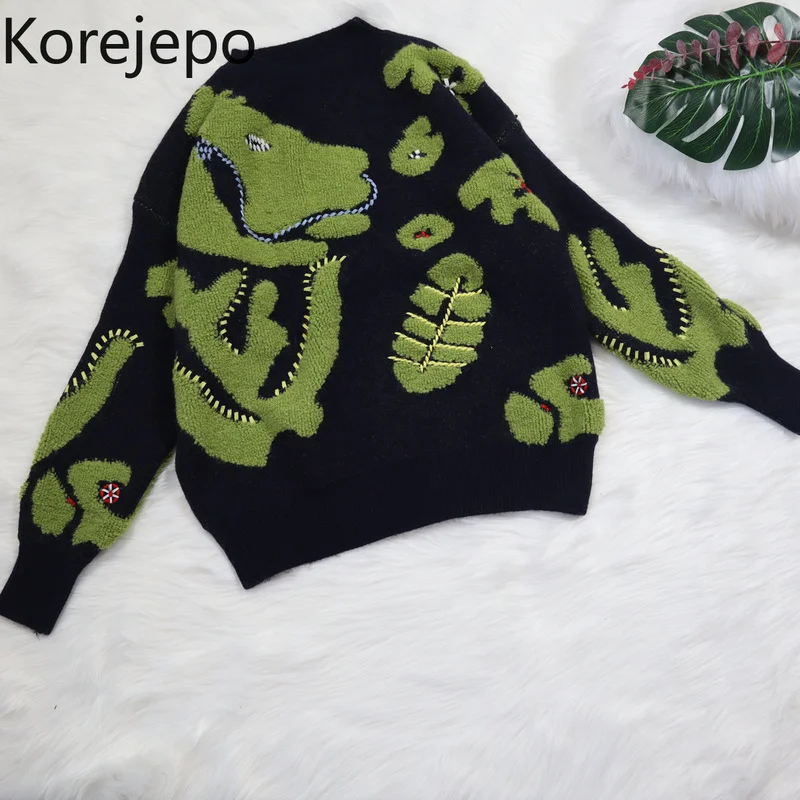 

Korejepo Women Sweater 2021 Autumn and Winter New Korean Version Retro Loose Color Contrast O-neck Pattern Pullover Knitted Top