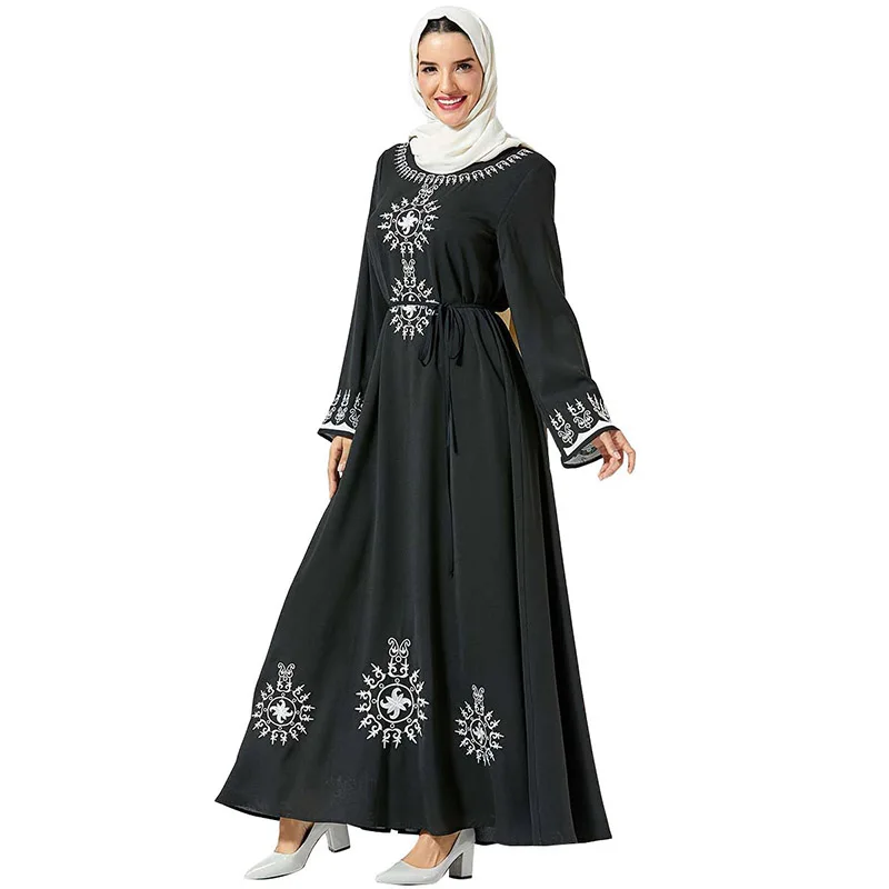 Женское платье с вышивкой и поясом, длинное платье с винтажным рисунком в стиле Саудовской Аравии, средневосточного мусульманского Дубая, к...