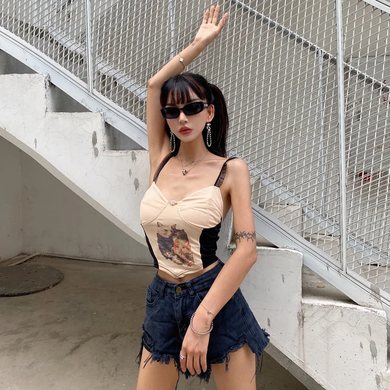 

2021 hot sale in Europe and America hot sale pet printing sling 2021 spring and autumn women's slim stitching umbilical vest