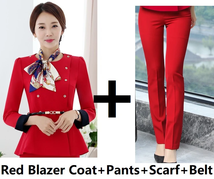 Red Pantsuits Модные костюмы в едином стиле, брючные костюмы с пиджаком и штанами для женщин, женские брючные костюмы, блейзеры, комплекты с шарфом и поясом - Цвет: Red Pantsuits