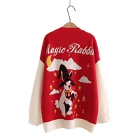 2021 new spring women cartoon embroidery cardigans sweater loose outer wear v neck jacquard knitted sweaters 2112573