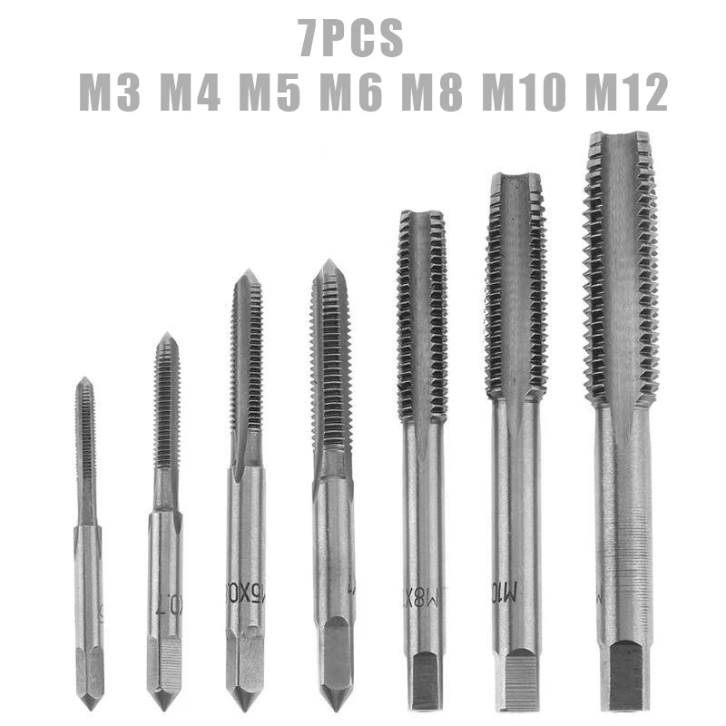 

5 7pcs Titanium Plating HSS Hand Tap Set Right Hand Metric Thread Tap M3 M4 M5 M6 M8 M10 M12 Screw Tap Drill Straight Plug Tap