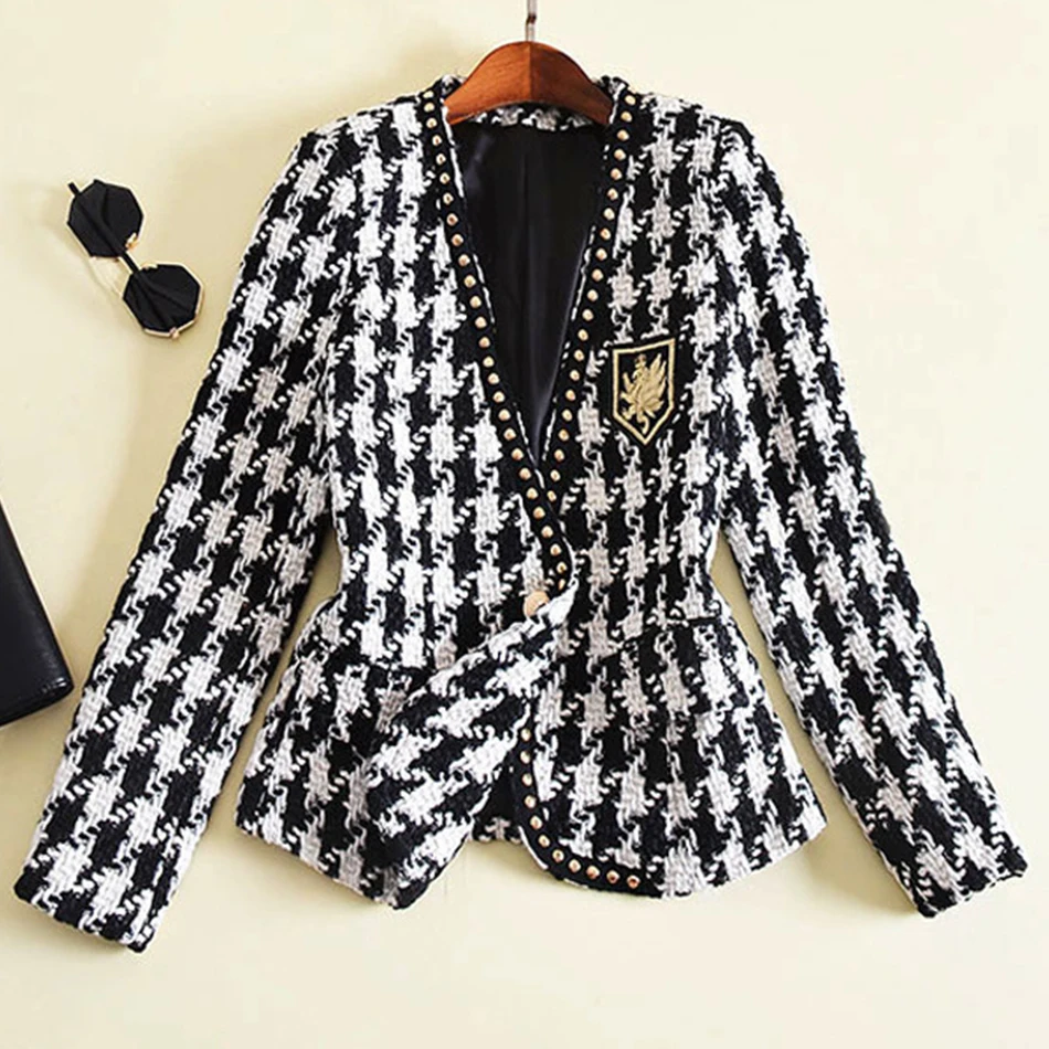 

High Quality S-XXL New Blazer Women Coat Fashion 2019 Designer Women's Single Button Rivet Plaid Tweed Wool Coat Jacket Spring