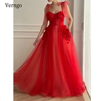 verngo bride party 2021 red tulle and lace a line long prom dreses with bow straps 3d flowers corset pockets evening gowns