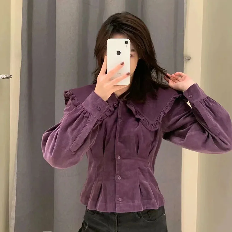 

Women's Fashion Ruffled Shawl Lapel Shirt Retro Solid Color Pleated Top Spring And Autumn