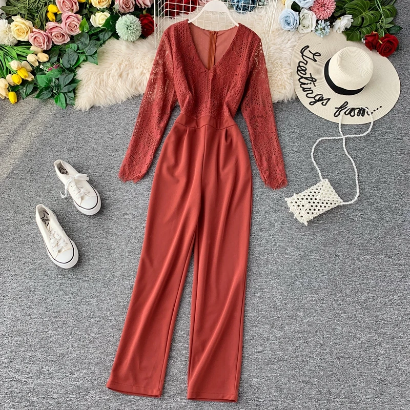 SINGRAIN осенний женский кружевной комбинезон с широкими штанинами v образный вырез