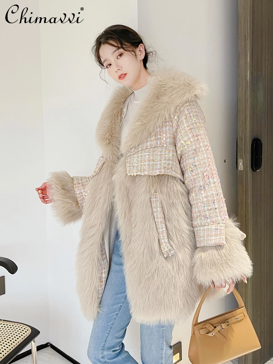 

2021 Winter New Arrival Fur Coat Women's Woolen Sequins Fox Fur Jacket Female Long Sleeve Patchwork Korean Fashion Overcoat