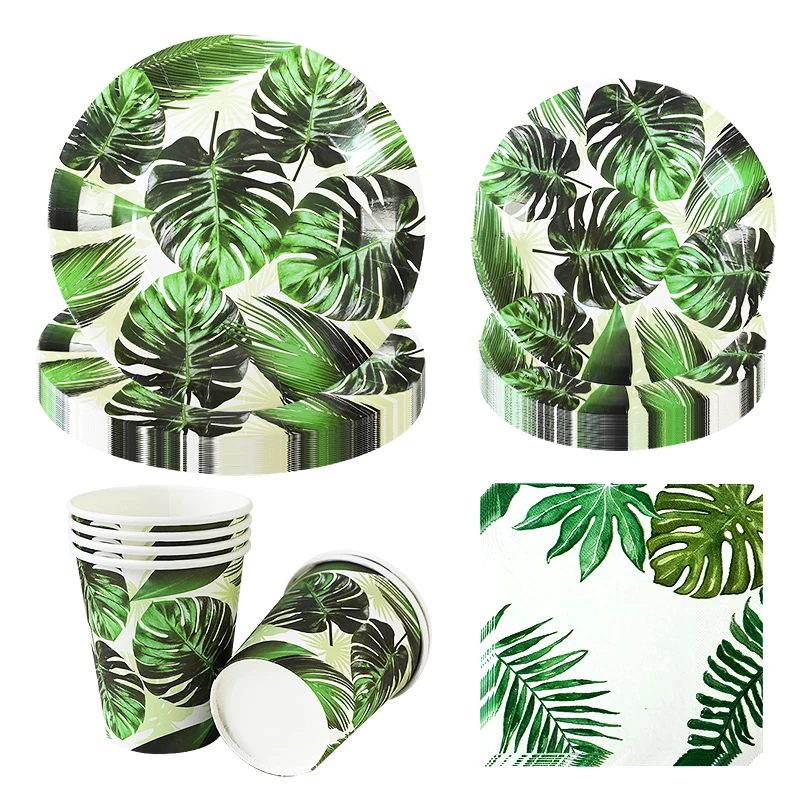 

Disposable Tableware Set Palm Leaf Paper Plates Cup Napkin Summer Hawaiian Safari Tropical Wedding Birthday Party Decor Supplies