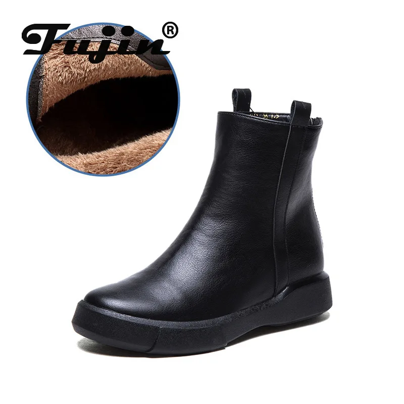 

Fujin 2021 Large Size Genuine Leather Retro Platform Soft Women Boots Winter Warm Zipper Plush Motorcycle Booties Ankle Shoes