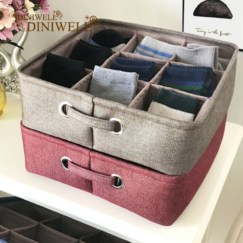 DINIWELL, утолщенная корзина для хранения из хлопка и льна, 9 сеток, органайзер для домашнего белья, коробка для хранения носков, мелочей