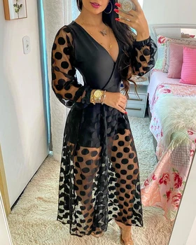 Spring Autumn Polka dot DressFashion Elegant V Neck Longsleeve See Through Party Mesh Long Dress 1
