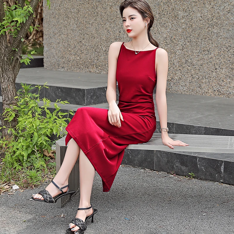 

Women Spaghetti Strap Dress Sexy Solid Slim Lady Temperament midi Dresses Female Banquet party Dress dress red