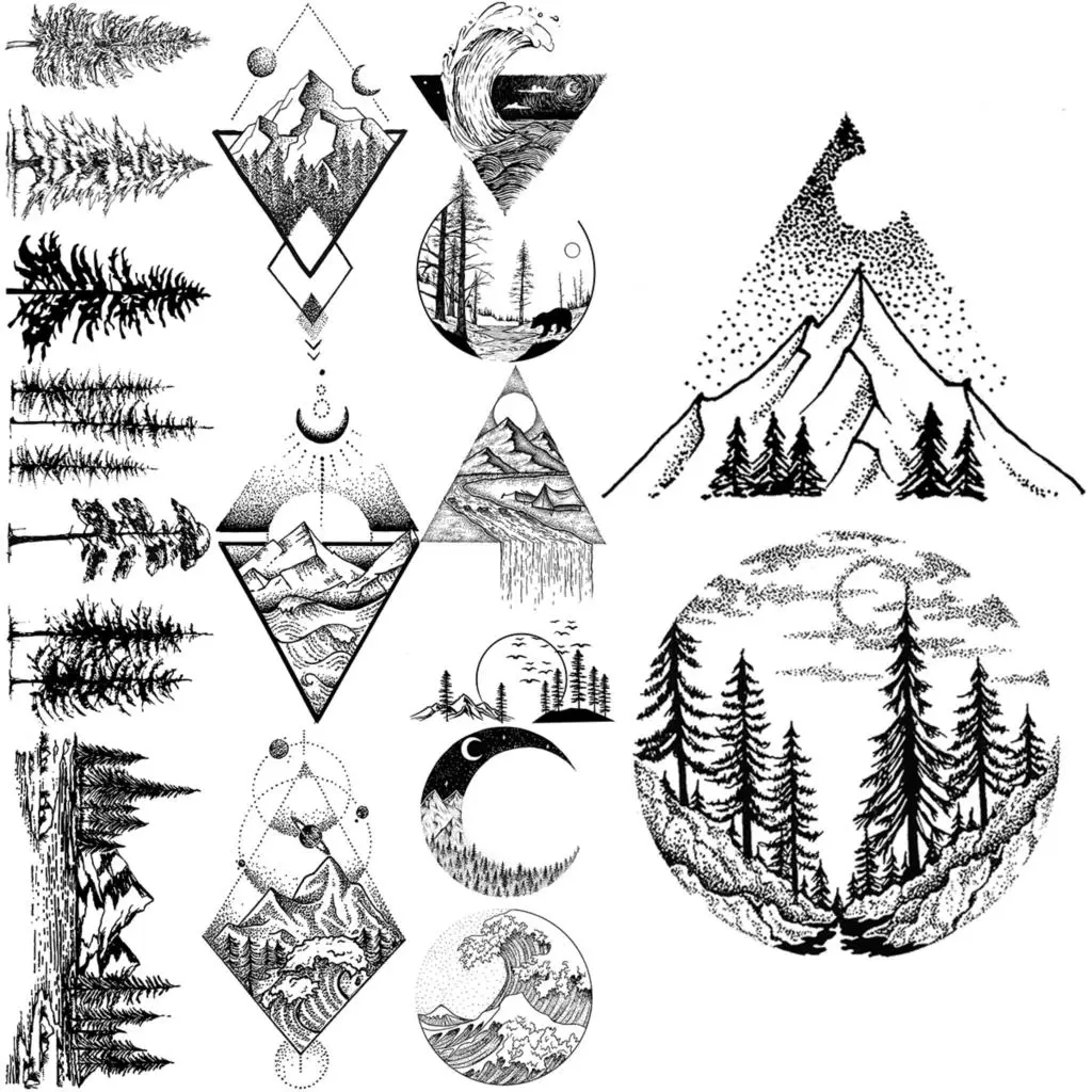 

Временные татуировки для женщин и мужчин, Черная гора, лес, реалистичные сосновые деревья, морская волна, геометрические искусственные татуировки для тела