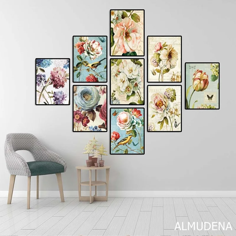 Постер в скандинавском стиле ретро красочные цветы птица картины на холсте