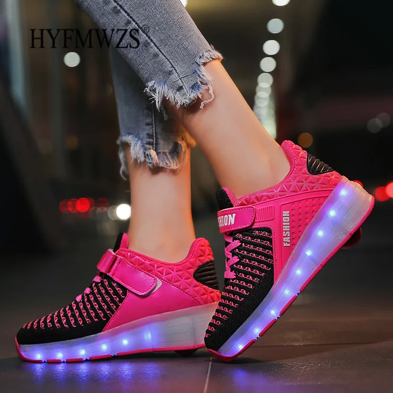 HYFMWZS Модные светодиодный Heelys обувь из дышащего материала, детское платье из двух спортивная обувь Съемная Детские Тонкие Туфли ролики срок производства тиража: 30-40