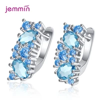 genuine 925 sterling silver hoop earrings with charm clear blue cz crystal wedding engagement jewelry party gift wholesale