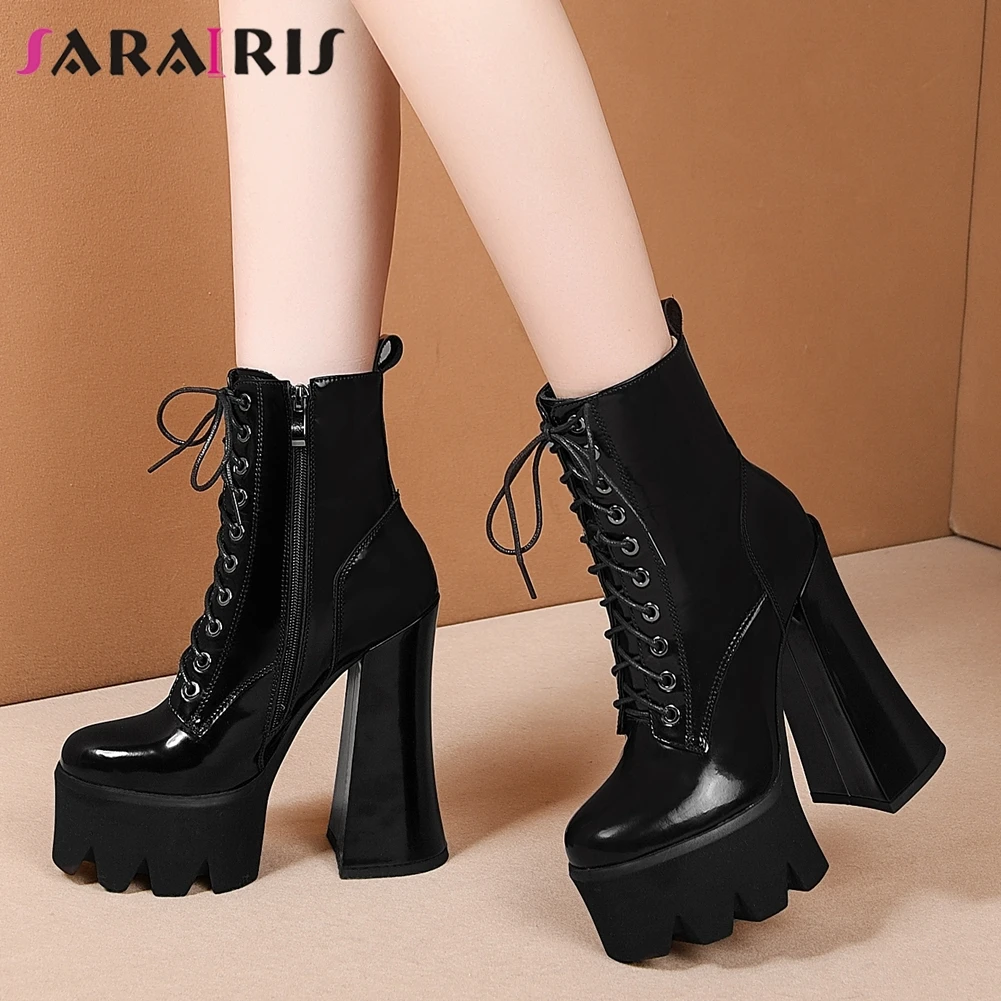 

SARAIRIS Brand New Women's Autumn Design Boots Genuine Leather Boots Women Platform Thick High Heels Zip Ankle Shoes Woman