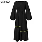 Женские однотонные платья 2021 VONDA, сексуальный сарафан с V-образным вырезом и длинным рукавом-фонариком, богемные платья, женский пляжный сарафан S-