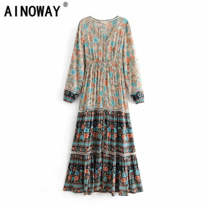 Женское винтажное богемное платье с цветочным принтом V образным вырезом и