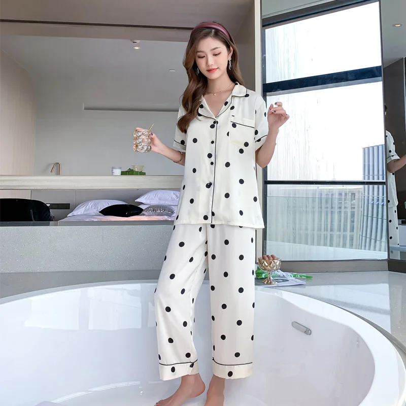 

Summer New Satin Pajamas Women Sleepwear 2PCS Shirt&Shorts Casual Print Dot Pyjamas Loungewear Loose Lingerie Home Clothes