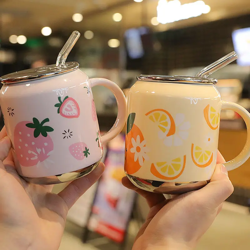 

1 piece 380ml Girl student Korean cute ceramic mug Outdoor cold juice water sports cup with portable milk rope water cup