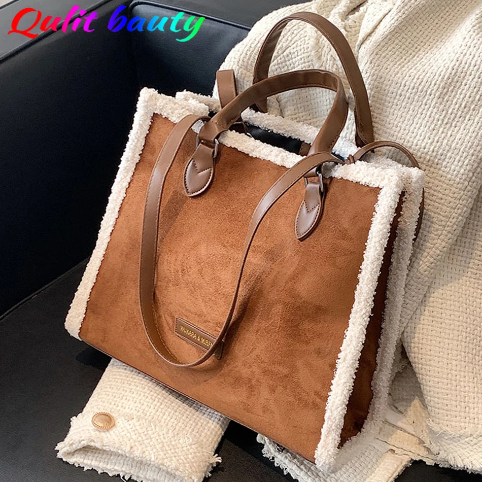 

Winter Women's Suede Shoulder Bag Purses and Handbags Luxury Designer 2021 High Quality Stitching PU Leather Female Handbag Sac
