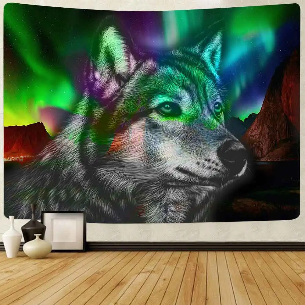 

Simsant Animal Wolf Tapestry Aurora Borealis Mountain Art Wall Hanging Tapestries for Living Room Home Blanket Dorm Decor