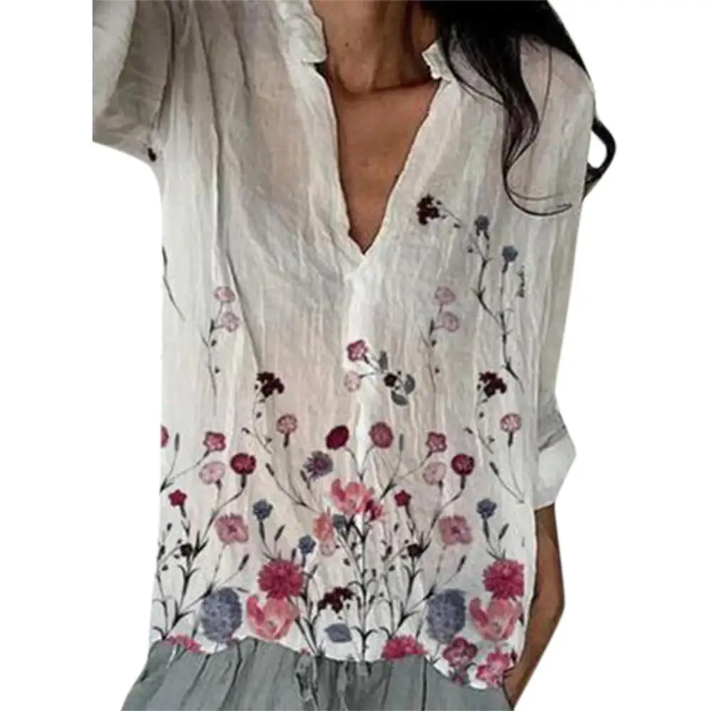 

#w Plus Sizes Womens Tops Floral Printed White Button Long Sleeves V Collar Loose Long Shirts Vintage Ladies Top Clothing Fall