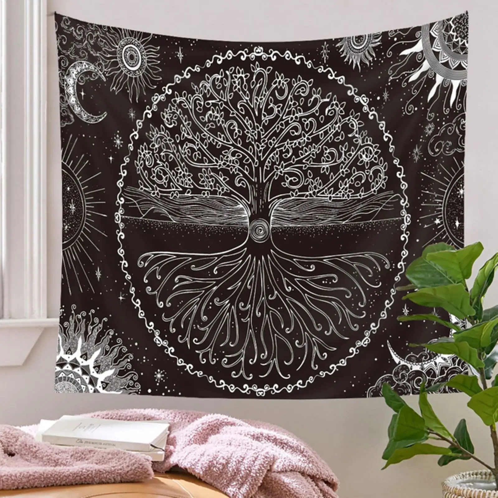 

Bohemian Tapestry with Sun Moon Tree Patterns Black Wall Mounted Classic Tapestry Wall Art Decoration for Bedroom Home Dormitory