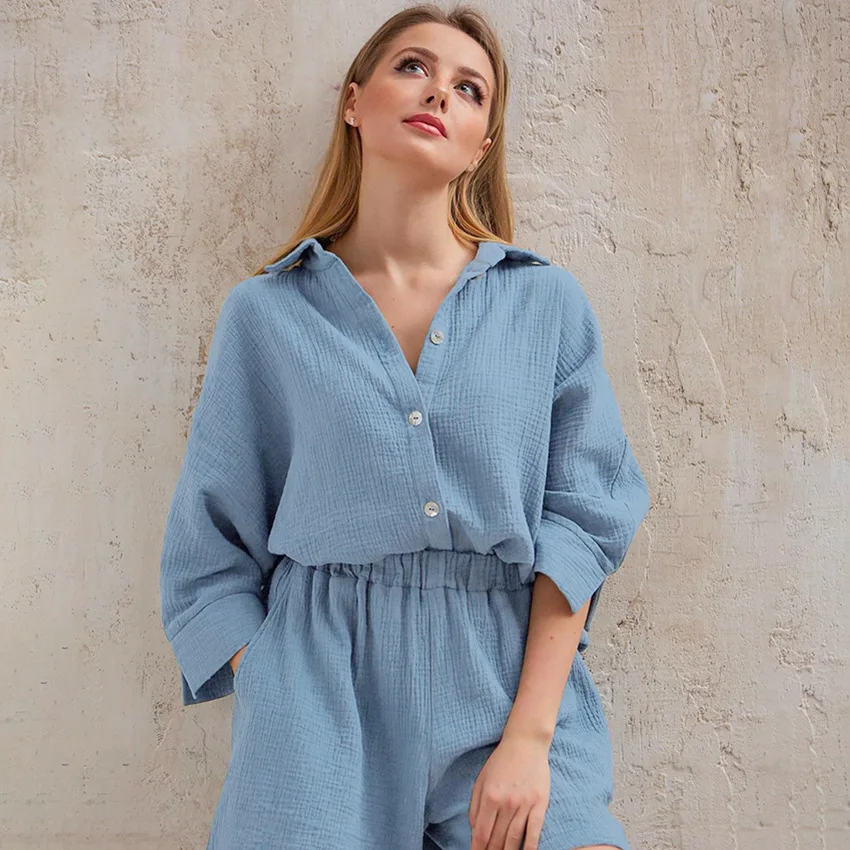 

Хлопковый женский пижамный комплект, однотонная тонкая Пижама, футболка с лацканами, Короткая Повседневная Домашняя одежда, Женские Дышащи...