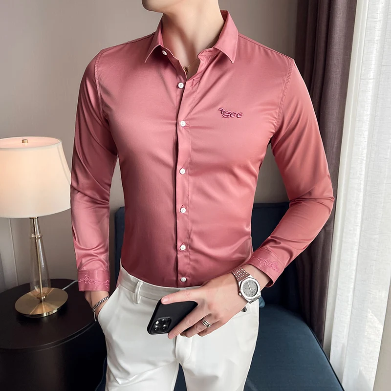 Solid Embroidered Logo Shirts for Men Slim Business Casual Shirt 2021 Autumn Long Sleeve Business Dress Shirt Social Party Tops