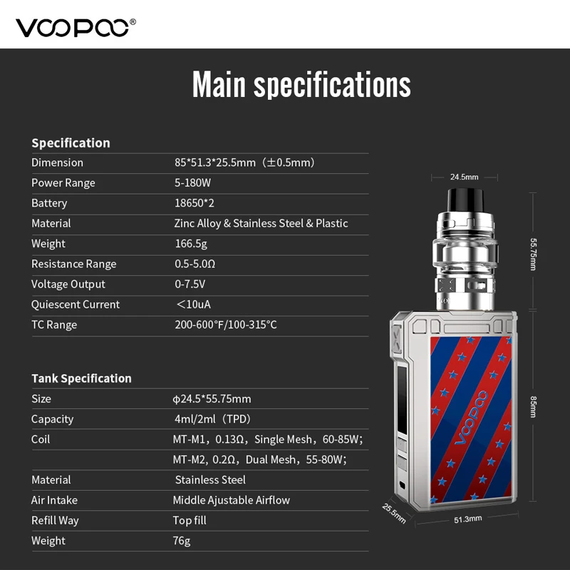 Clearance!! Voopoo Alpha Zip Vape Kit 180W Maat Tank 4ml Mesh Coil GENE.Fit Chip Powered Dual 18650 with MT-M2 MT-M1 | Электроника