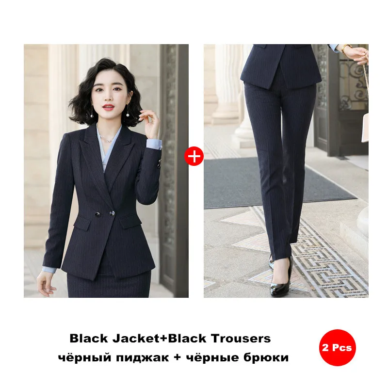 black jacket pant Полосатая юбка костюм профессиональный костюм офисный костюм для дам Униформа куртка с длинными рукавами юбка брюки формальная рабочая одежда 966 - Цвет: black jacket pant