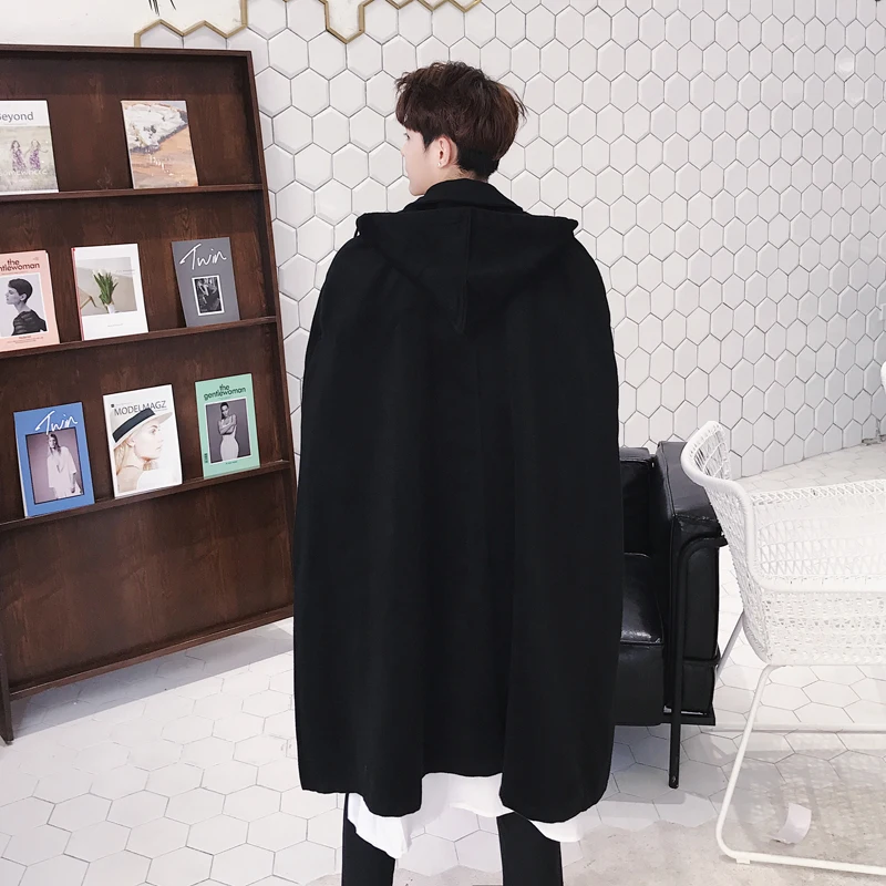 Мужской длинный шерстяной плащ с капюшоном ветровка Модный повседневный