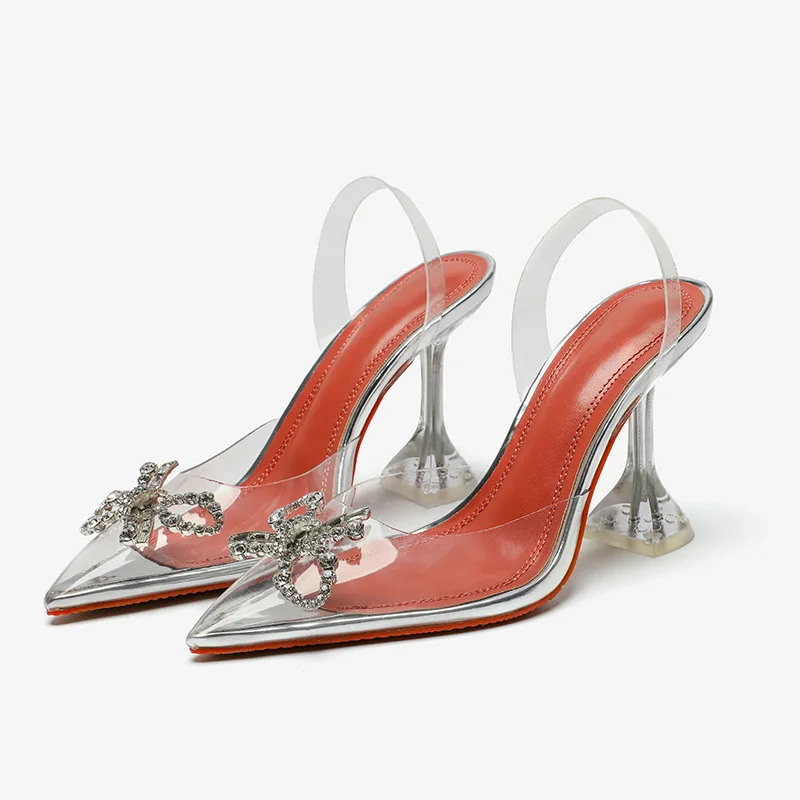 

Новинка лета 2021, прозрачные сандалии стразы с бантом, заостренный носок, желе, сказочный стиль, высокие каблуки