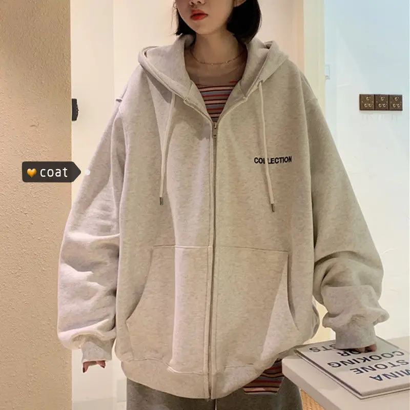 

Autumn And Winter Plus Size Hooded Sweatshirt Women's Plus Velvet Thick Zipper Cardigan Jacket Casual Loose Hooded Sweater Top