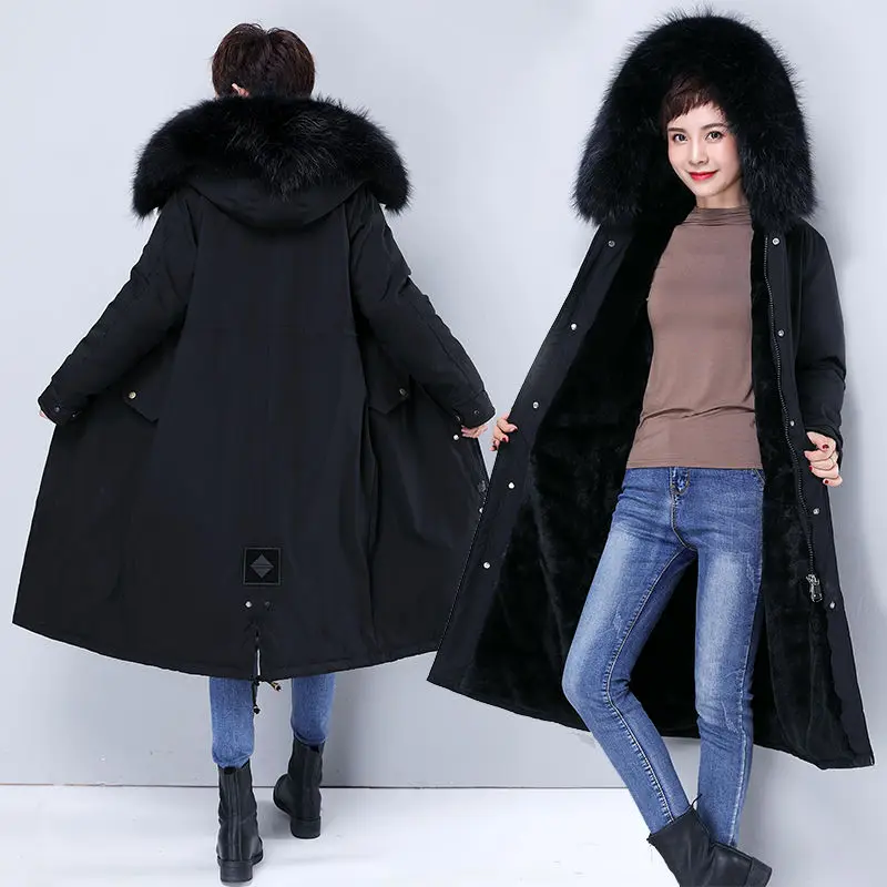 Parka Coat Long Winter Jacket Women Warm Big Fur Plus Size Female Lady Overcoat Outwear Clothes Black Windproof Tops Hat