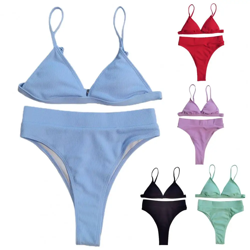

Women Bikinis Set Summer Ribbing Solid Color High Waist Sexy Deep V-neck Two-piece Swimsuit Women Bikini Bathing Suit 2021