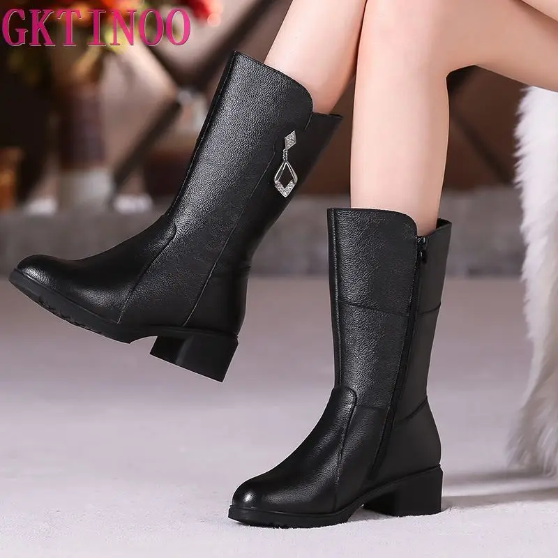 

GKTINOO Women's Mother Ladies Woman Mid Calf Genuine Leather Shoes Boots Bling Zipper Warm Winter Fur Plush Plus Size 35-42