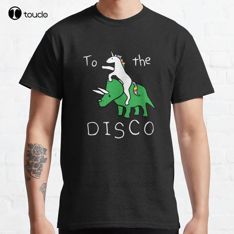 

Классическая хлопковая Мужская футболка, трицератопс для верховой езды с изображением единорога, дискотеки (белый текст), винтажные модные ...