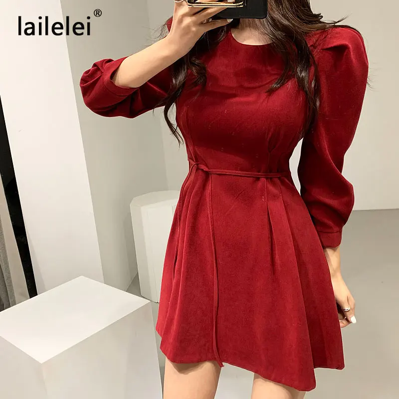 

Velvet Christmas dress mini long sleeve A line red blue korean style party elegant fall 2020 winter ladies retro dresses