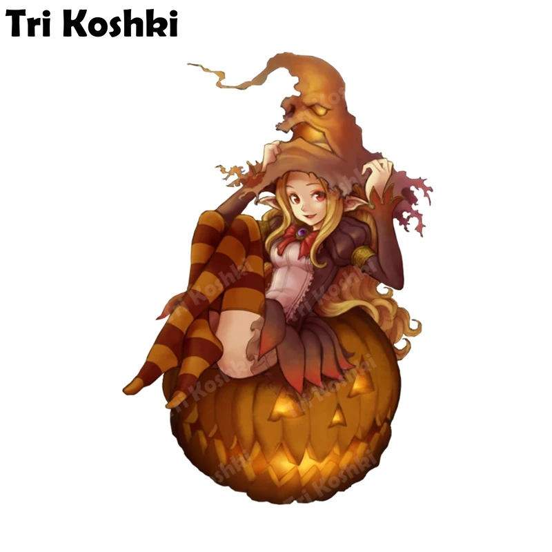 

Tri Koshki KCS160 Halloween Witch on pumpkin Car Sticker PVC Colorful Decals Sticker on Car Bumper Sticker