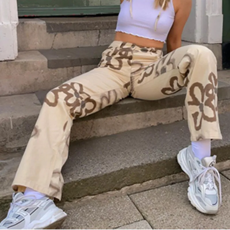 

Casual Solid Y2K Straight Jeans for Girls Female Printed 2021 Women's Vintage Denim Pants High Waisted Trouser Trousers