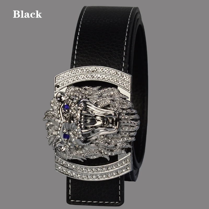 Silver black JXQBSYDK Роскошные брендовые ремни для мужчин и женщин модные блестящие алмазные пряжки с головой льва высокое качество пояс формирователь кожаные ремни - Цвет: Silver black