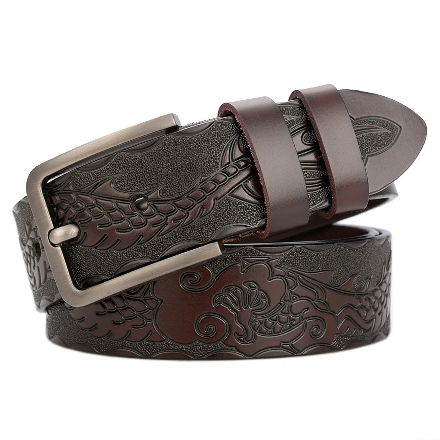 

Fashion Carved Men's Belt Pin Buckle Real Cowhide Chinese Dragon Totem Personality Belt Strip Leisure All-Match Jeans Gift