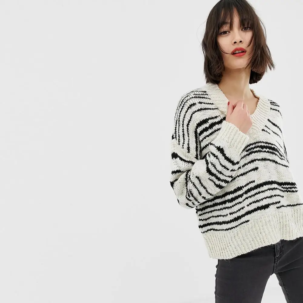 Personality Minimalism V-neck Falling Shoulder Irregular Stripes Knitting Loose Long Sleeve Autumn Women Sweater | Женская одежда