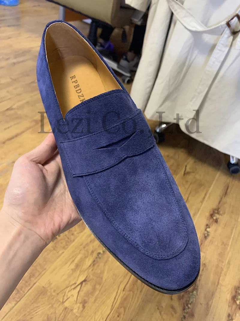 Лоферы большого размера; дизайнерская обувь для мужчин; Высококачественная замшевая обувь из нубука; итальянские темно-синие вечерние туфли из натуральной кожи в европейском стиле