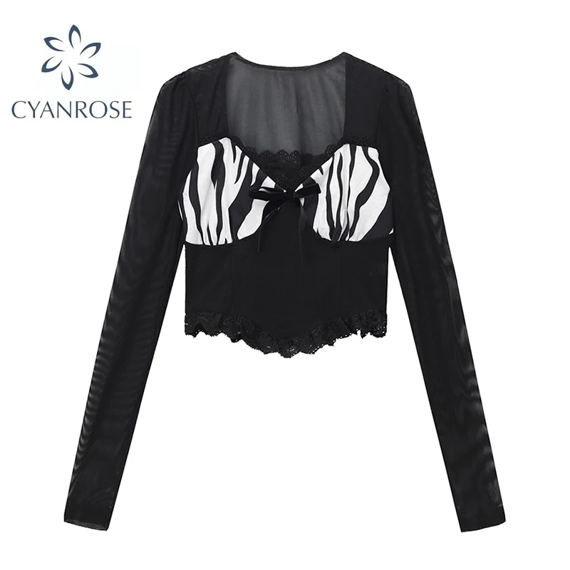 Женская черная сетчатая Прозрачная Футболка облегающий привлекательный