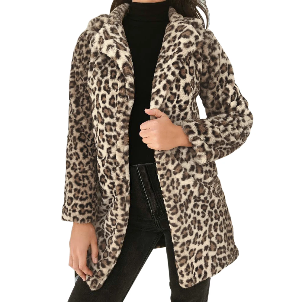 HEFLASHOR 2019 Leopard Printed Coats Casual Furry Notched Winter Coat Women Lapel Collar Long Parkas Sexy Slim Outerwear | Женская