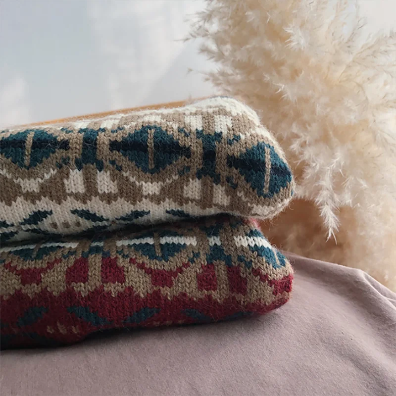 Детский свитер в стиле ретро жаккардовый вязаный с длинными рукавами и